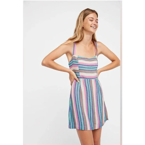 Free People Short N Sweet’ Striped Linen Blend Striped Mini Dress Women Sz XS - Picture 1 of 7